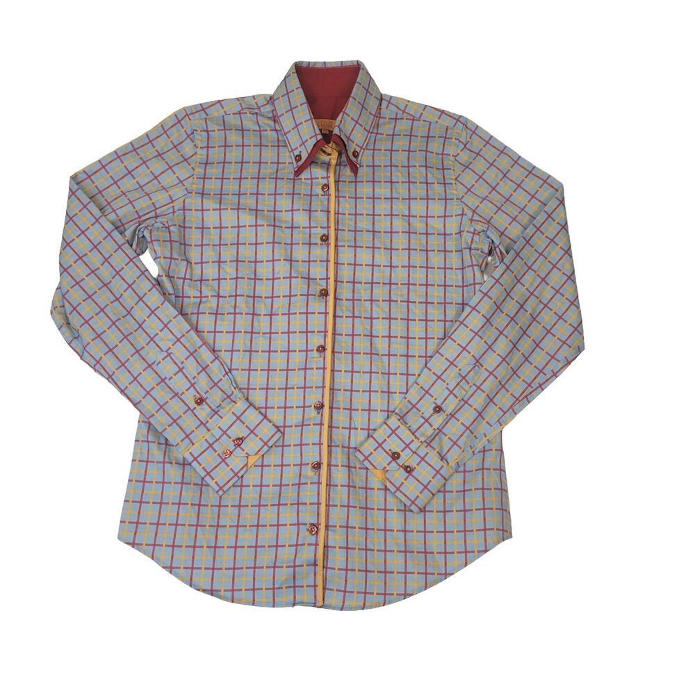 Claudio Lugli Shirt Mens Small 38 Blue Check Button Up Long Sleeve Designer